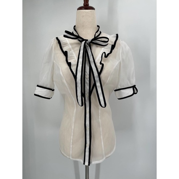 Haute Monde Tops - HAUTE MONDE SZ S white black trim sheer ruffle puff sleeve top B81 *flaw